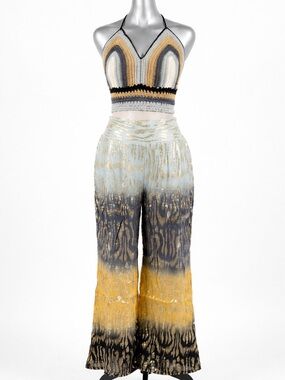 Ombre Wide-Leg Pants & Crochet Halter Set - Yellow, Gray, Cream